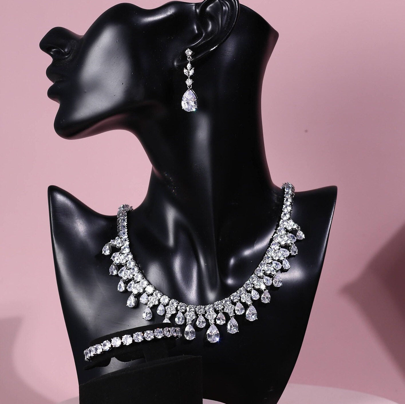 Luxury Bridal Necklace silver crystal wedding necklace CZ jewelry wedding jewelry brides statement bridal necklace anniversary gift set