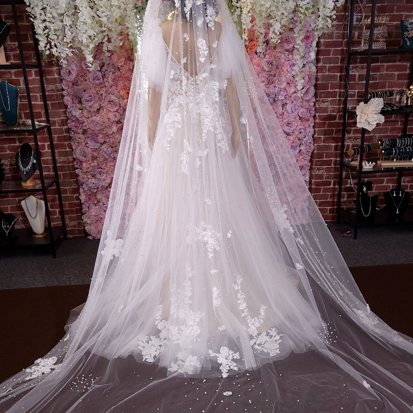 Lace veil pearl veil cathedral veil extra wide pearl veil luxury veil elegant pearl veil ivory veil with 3d flowers