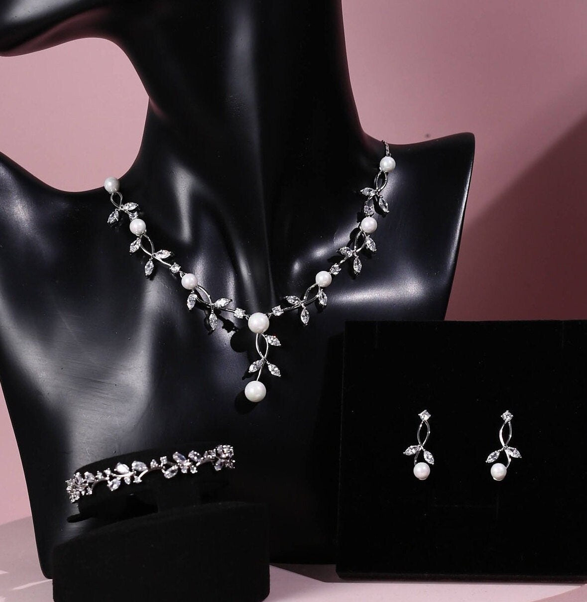 Pearl wedding necklace CZ crystal and pearl bridal necklace set zirconia wedding jewelry set with pearls