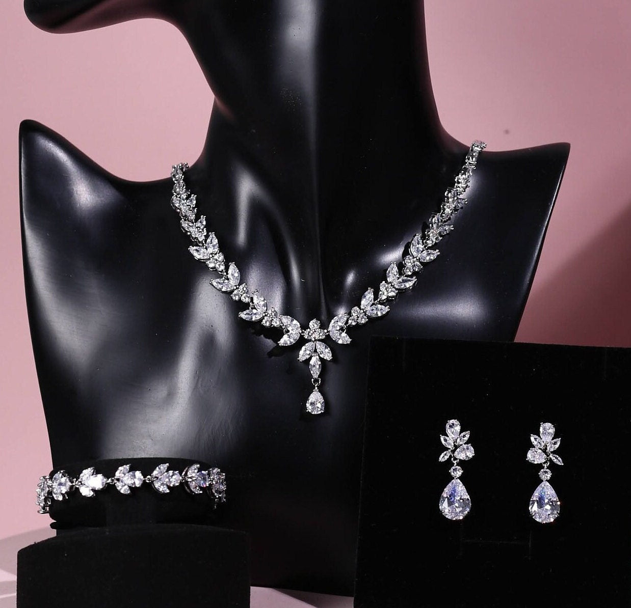 Zirconia Bridal Jewelry Set Wedding Necklace Earrings Bracelet Earrings Women Evening Cocktail Necklace Set for Brides Art Deco Jewelry