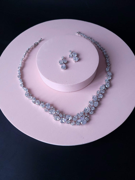 Silver necklace Bridal necklace wedding necklace Bridal jewelry Back jewelry Wedding Jewellery Wedding jewelry set extra long earrings