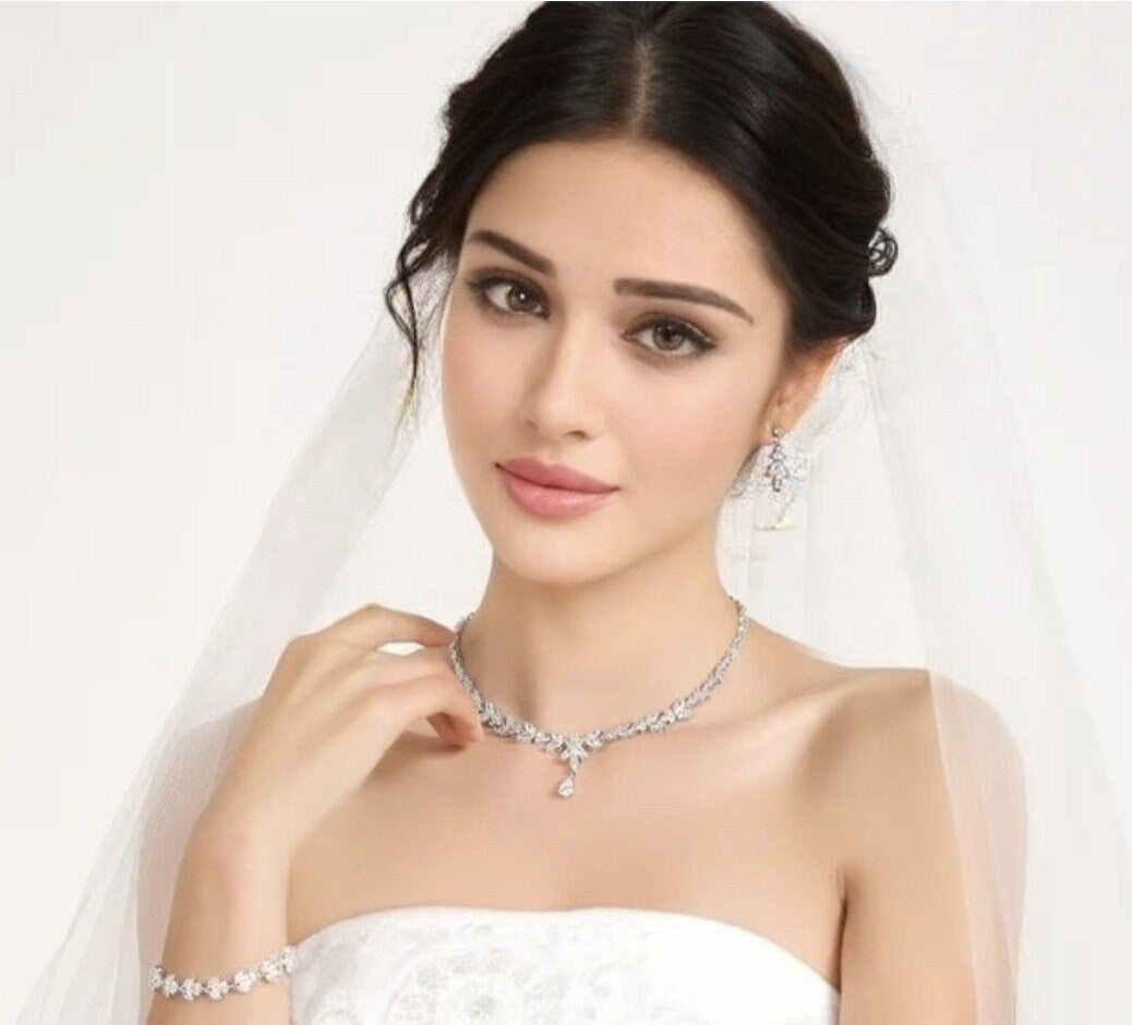 Bridal Necklace and long dainty Earring set wedding jewelry for brides bridal accessories wedding jewelry set