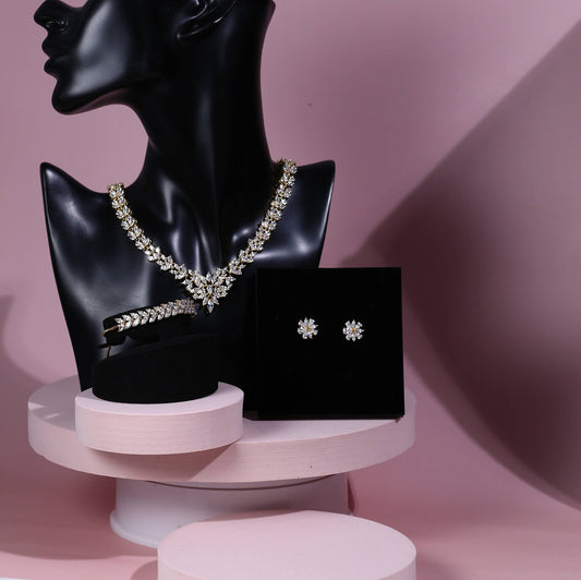 Cubic Zirconia Leaves necklace Diamond Earrings and Necklace set Bridal Jewelry,