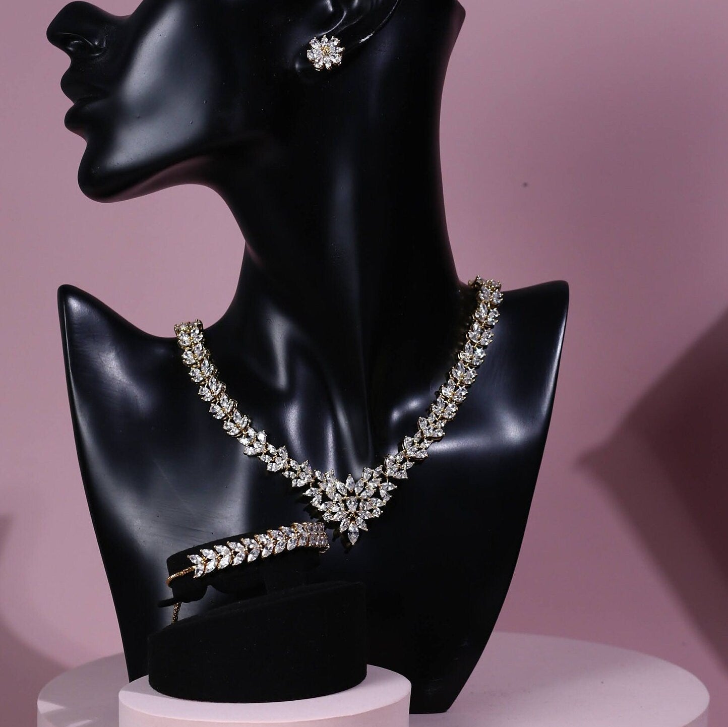 Cubic Zirconia Leaves necklace Diamond Earrings and Necklace set Bridal Jewelry,