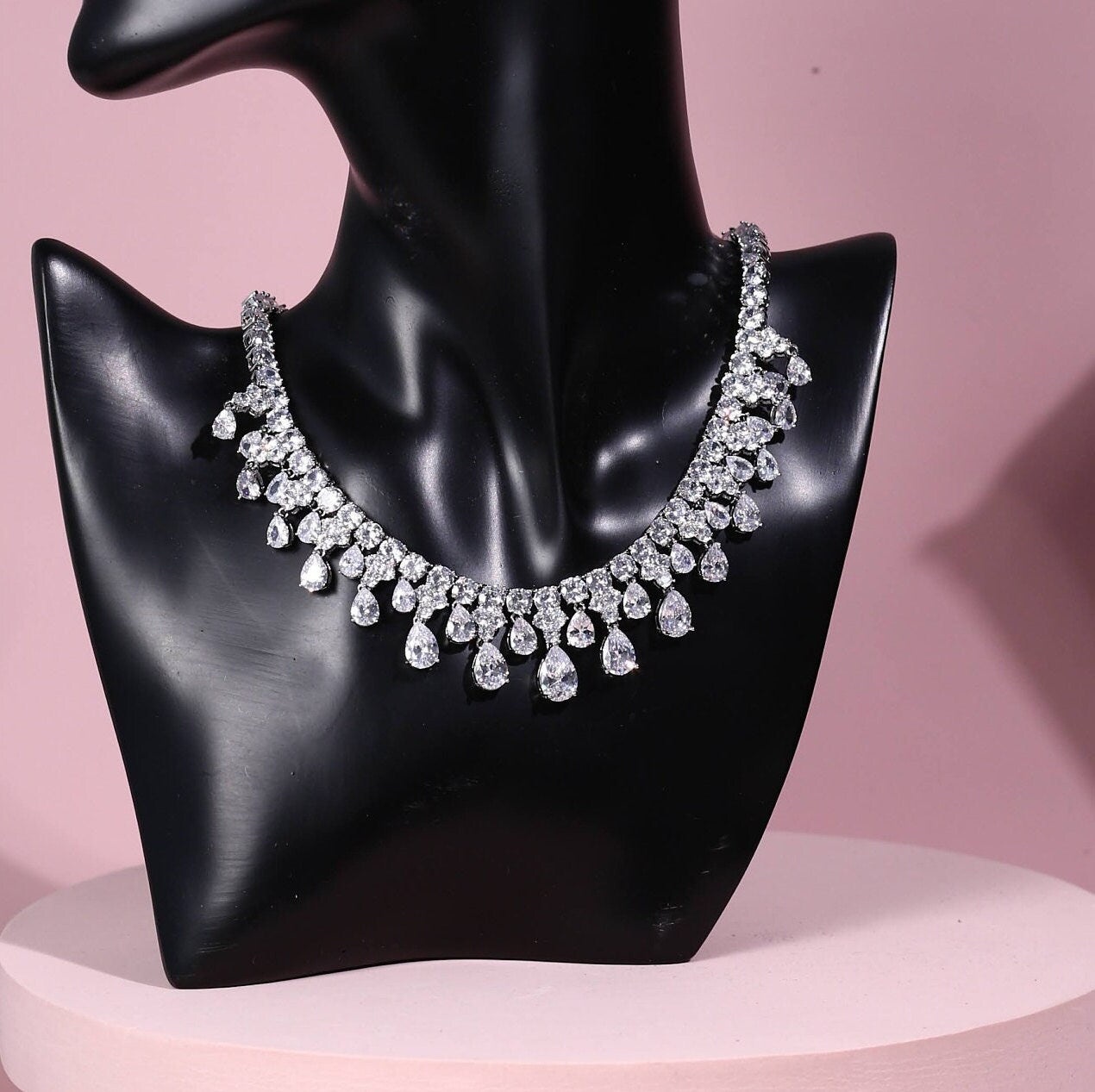 Luxury Bridal Necklace silver crystal wedding necklace CZ jewelry wedding jewelry brides statement bridal necklace anniversary gift set