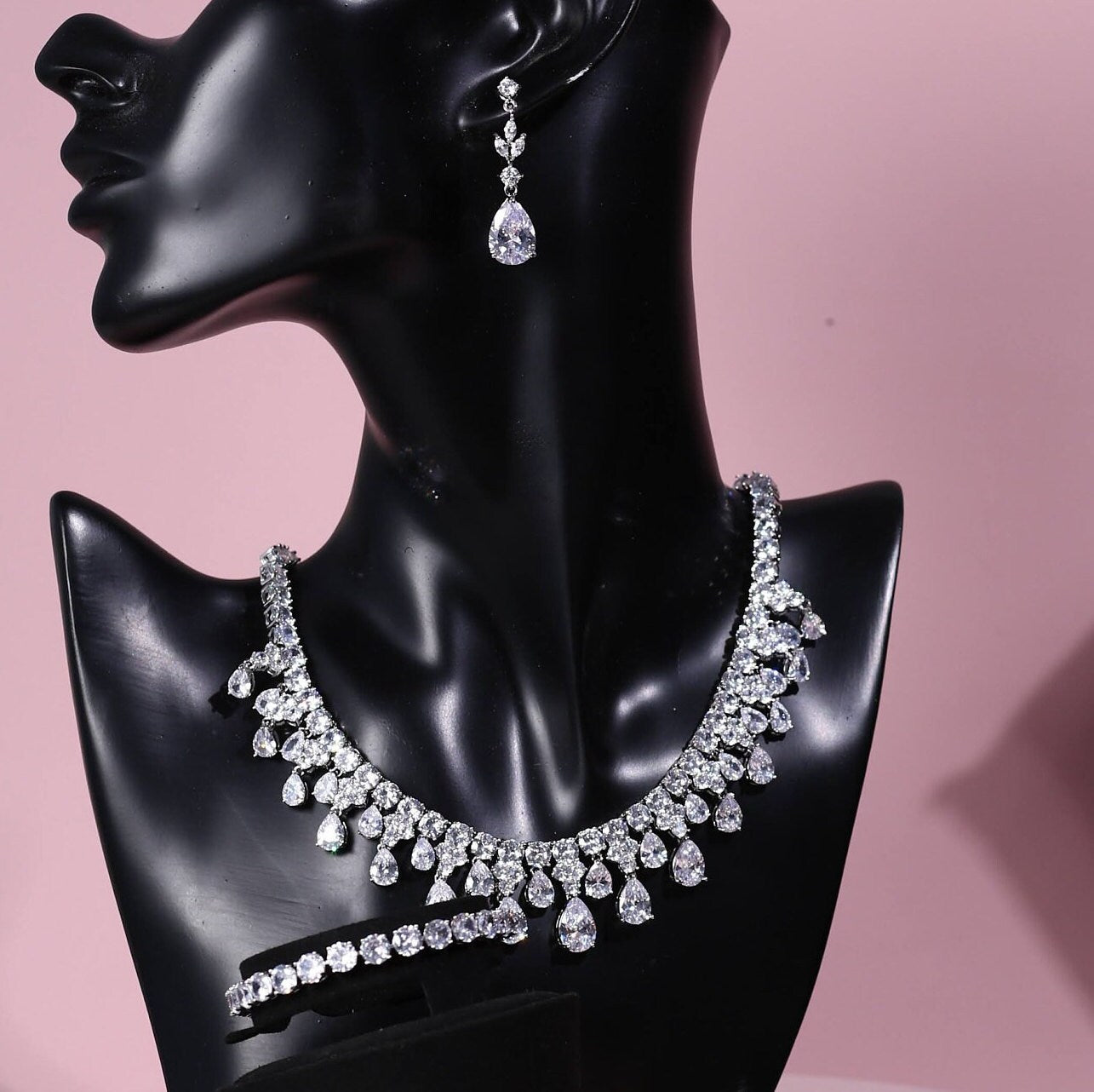 Luxury Bridal Necklace silver crystal wedding necklace CZ jewelry wedding jewelry brides statement bridal necklace anniversary gift set