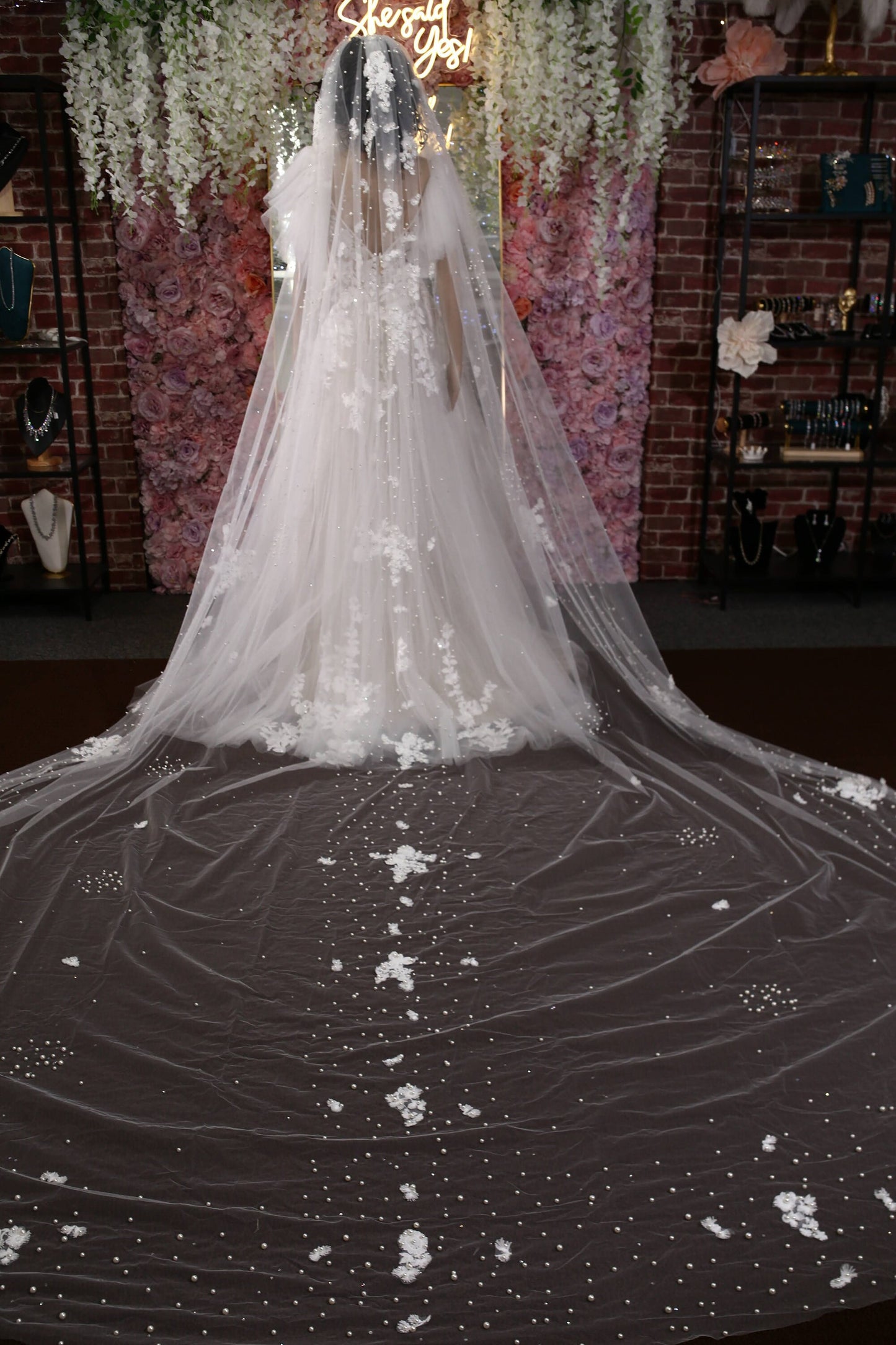Lace veil pearl veil cathedral veil extra wide pearl veil luxury veil elegant pearl veil ivory veil with 3d flowers