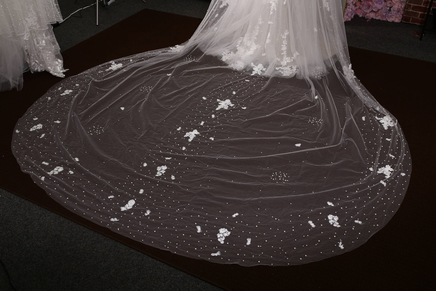 Lace veil pearl veil cathedral veil extra wide pearl veil luxury veil elegant pearl veil ivory veil with 3d flowers