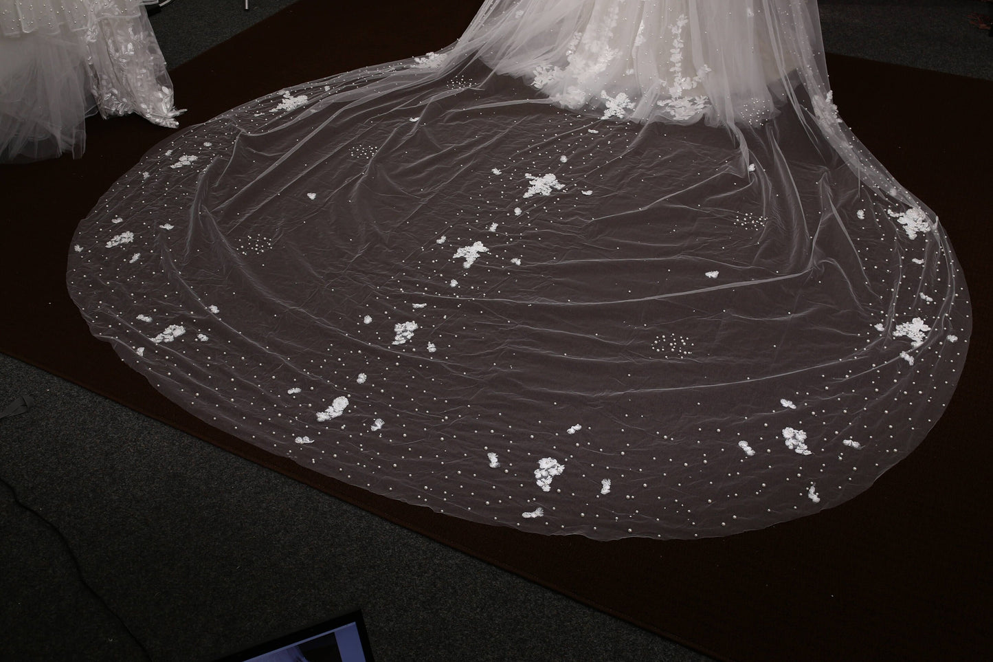 Lace veil pearl veil cathedral veil extra wide pearl veil luxury veil elegant pearl veil ivory veil with 3d flowers