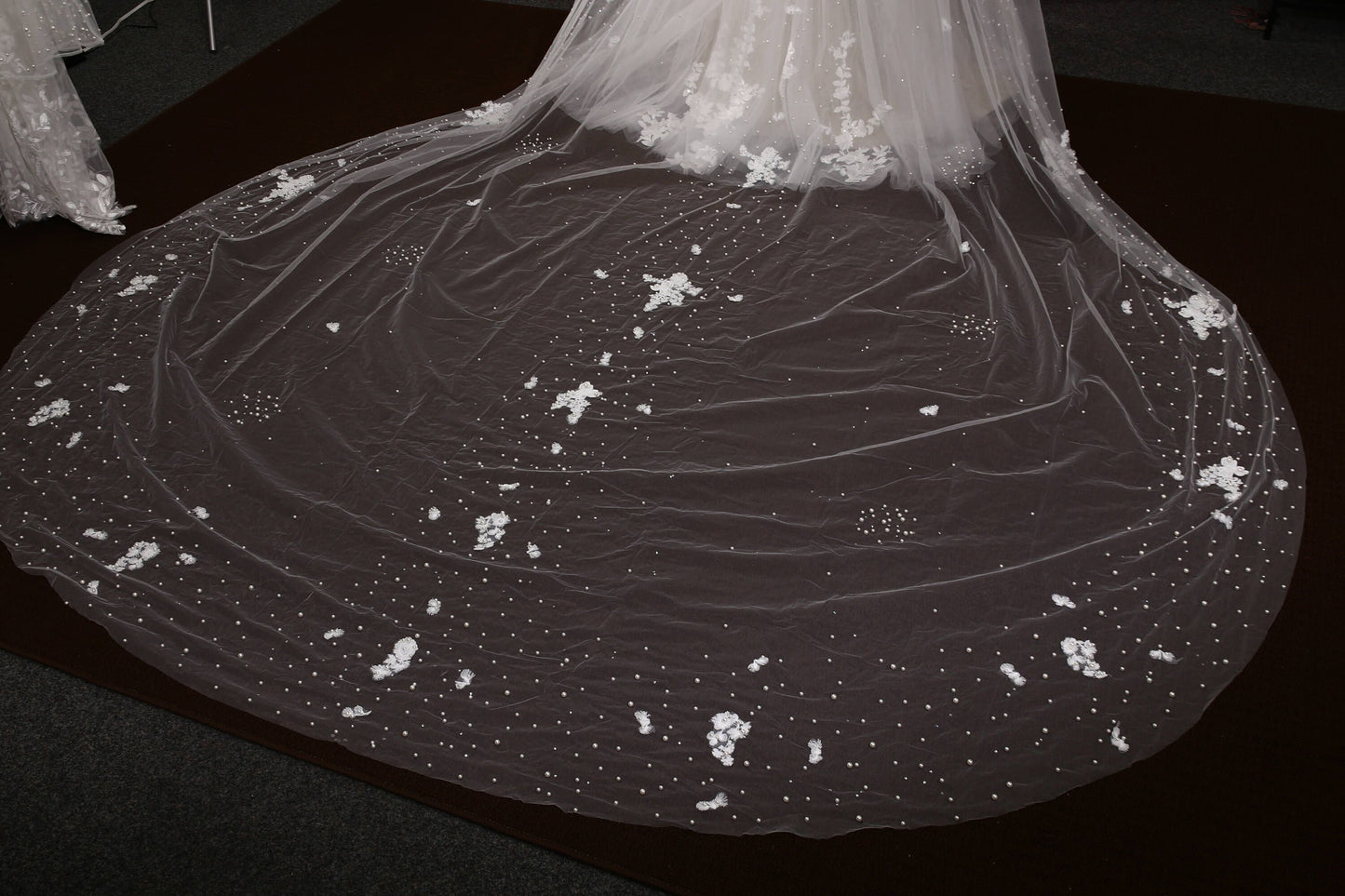 Lace veil pearl veil cathedral veil extra wide pearl veil luxury veil elegant pearl veil ivory veil with 3d flowers