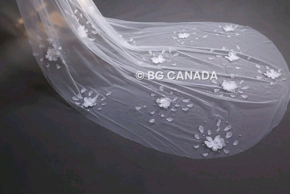 veil cathedral veil Floral Pearl Bridal Veil mantilla veil Unique Wedding Veil with Scattered Pearls and Petals Statement Veil