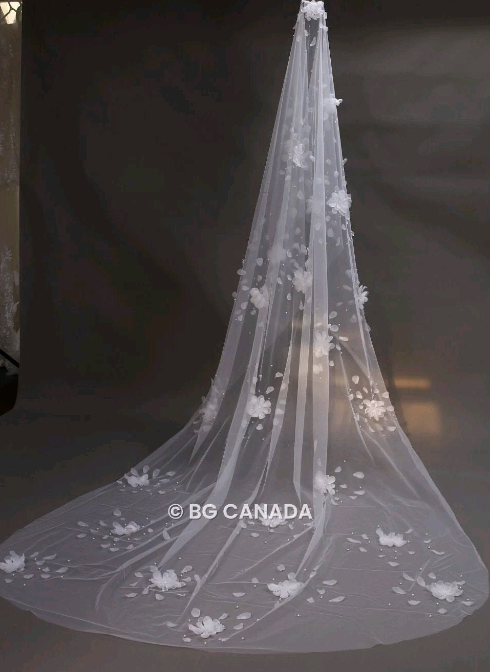 veil cathedral veil Floral Pearl Bridal Veil mantilla veil Unique Wedding Veil with Scattered Pearls and Petals Statement Veil