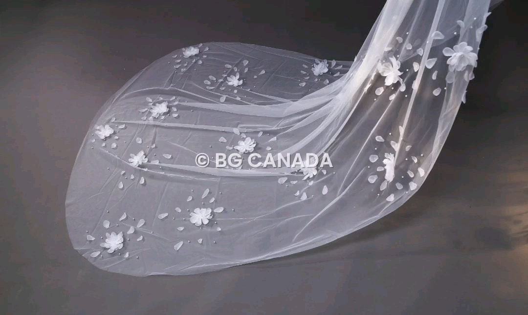 veil cathedral veil Floral Pearl Bridal Veil mantilla veil Unique Wedding Veil with Scattered Pearls and Petals Statement Veil