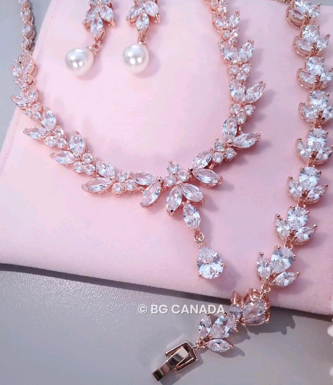 pearl drop earrings CZ wedding Necklace with bracelet bridal necklace with pearl drop earrings wedding jewelry set sparkly wedding jewelry