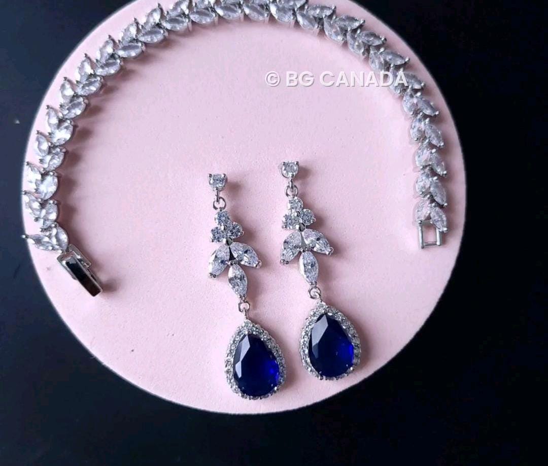 Blue Crystal Bridal Jewelry Set: Silver Necklace, Earrings, Bracelet