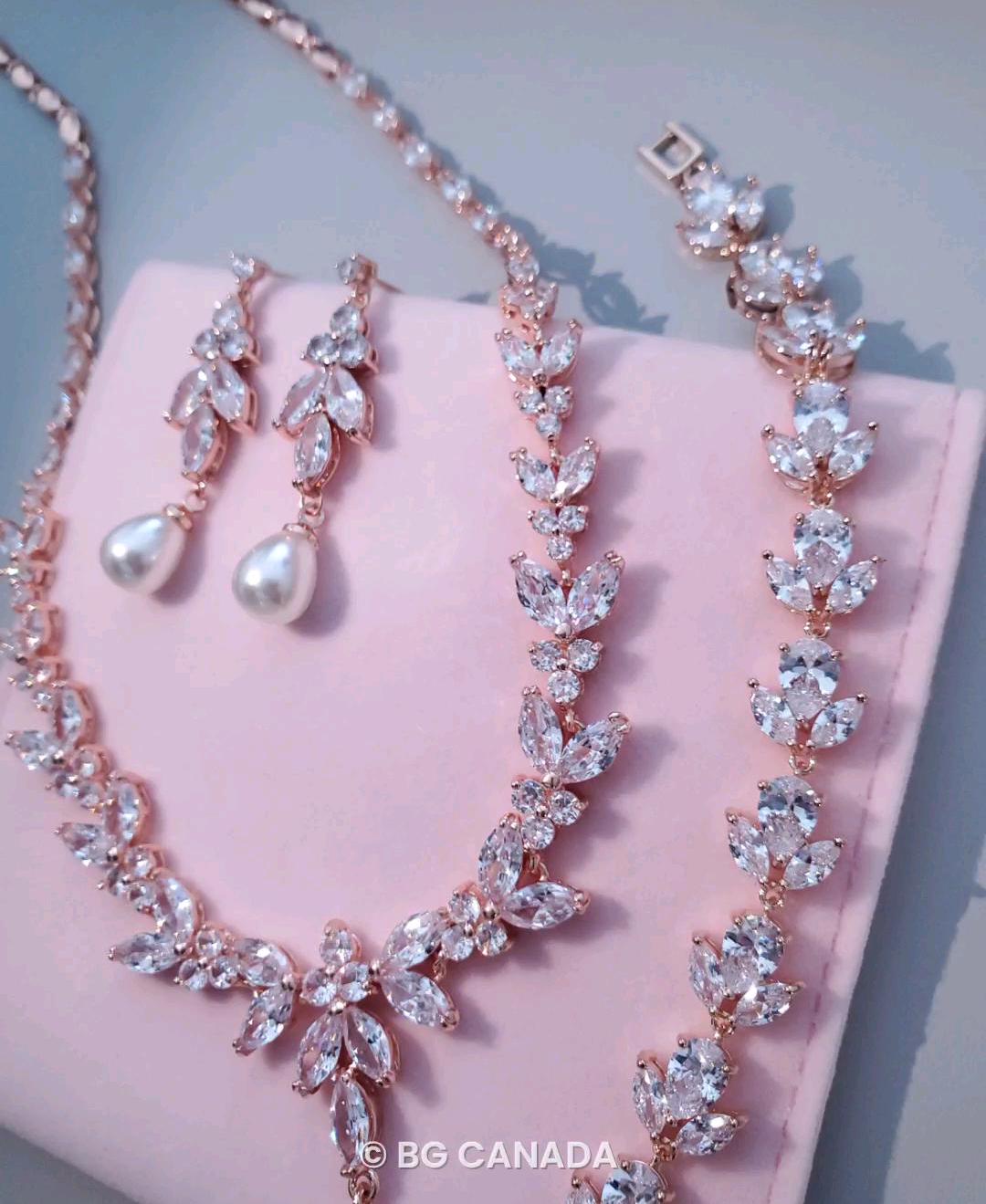 pearl drop earrings CZ wedding Necklace with bracelet bridal necklace with pearl drop earrings wedding jewelry set sparkly wedding jewelry