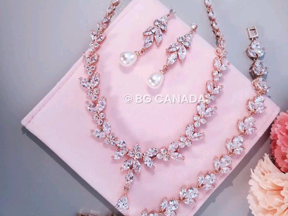 pearl drop earrings CZ wedding Necklace with bracelet bridal necklace with pearl drop earrings wedding jewelry set sparkly wedding jewelry