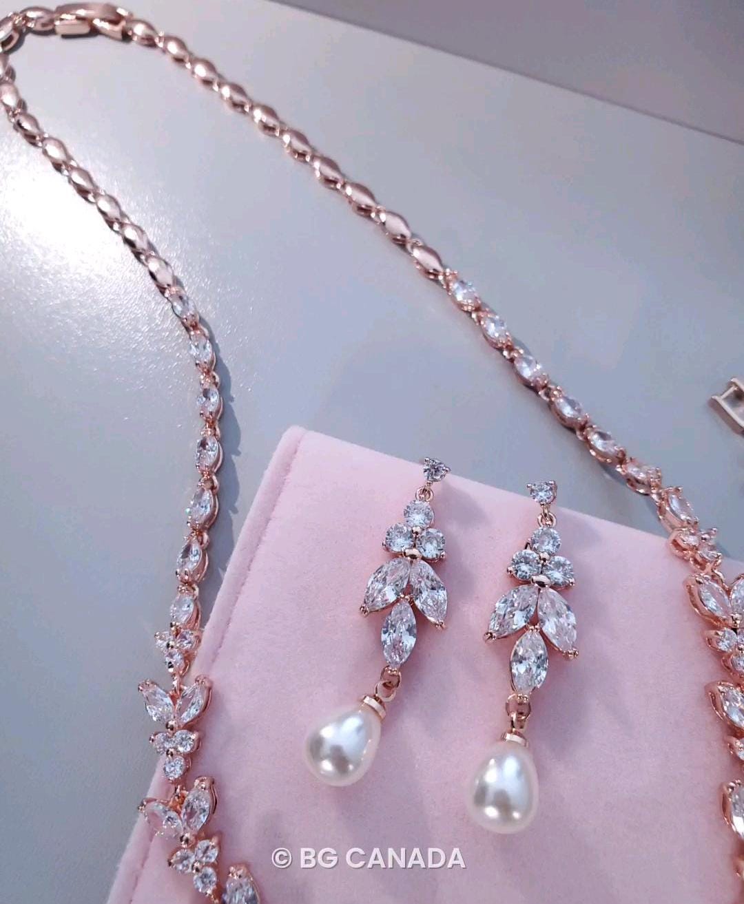 pearl drop earrings CZ wedding Necklace with bracelet bridal necklace with pearl drop earrings wedding jewelry set sparkly wedding jewelry