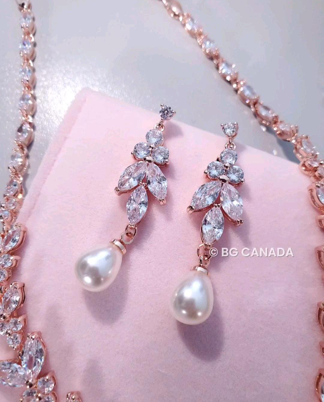 pearl drop earrings CZ wedding Necklace with bracelet bridal necklace with pearl drop earrings wedding jewelry set sparkly wedding jewelry