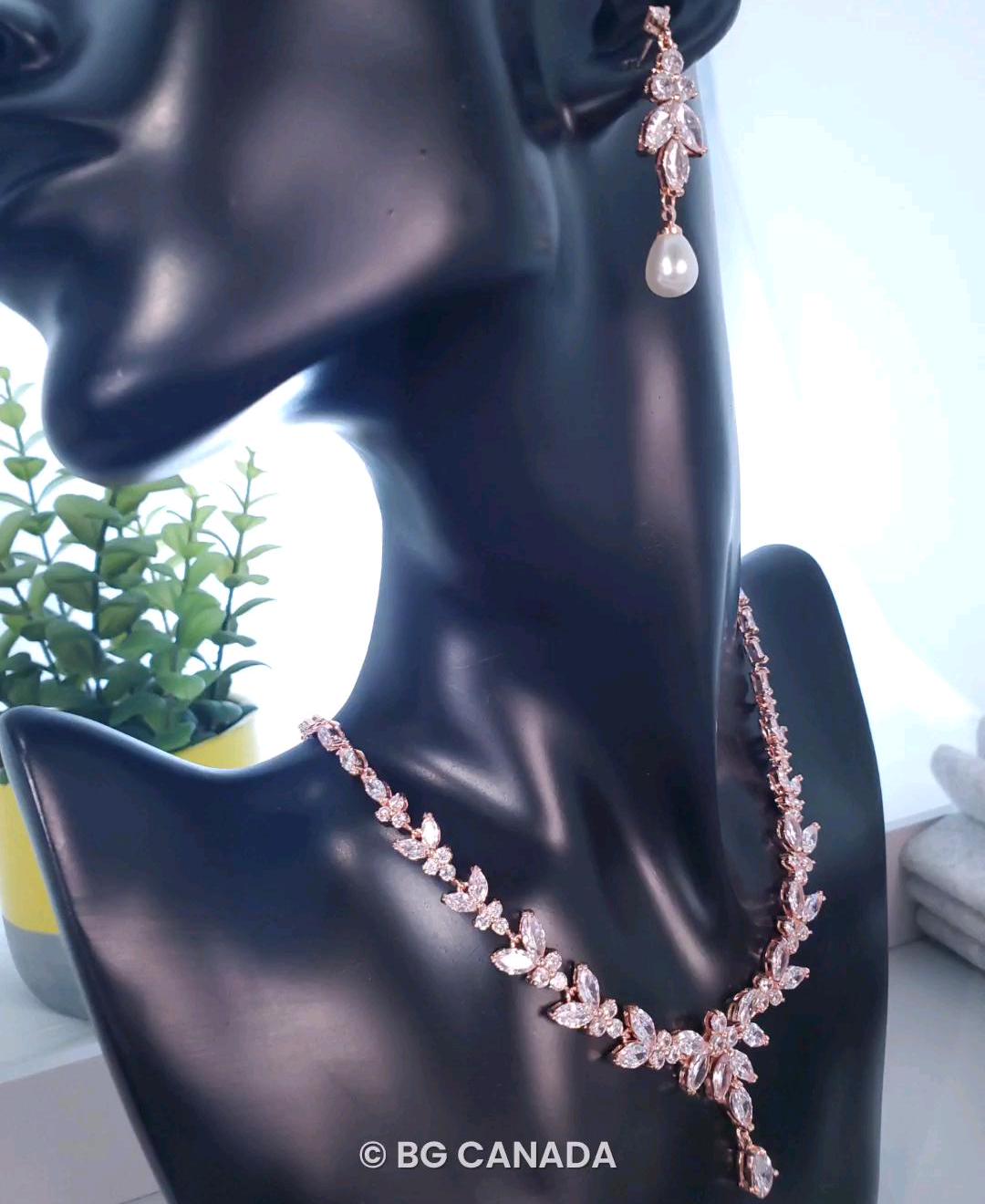 pearl drop earrings CZ wedding Necklace with bracelet bridal necklace with pearl drop earrings wedding jewelry set sparkly wedding jewelry