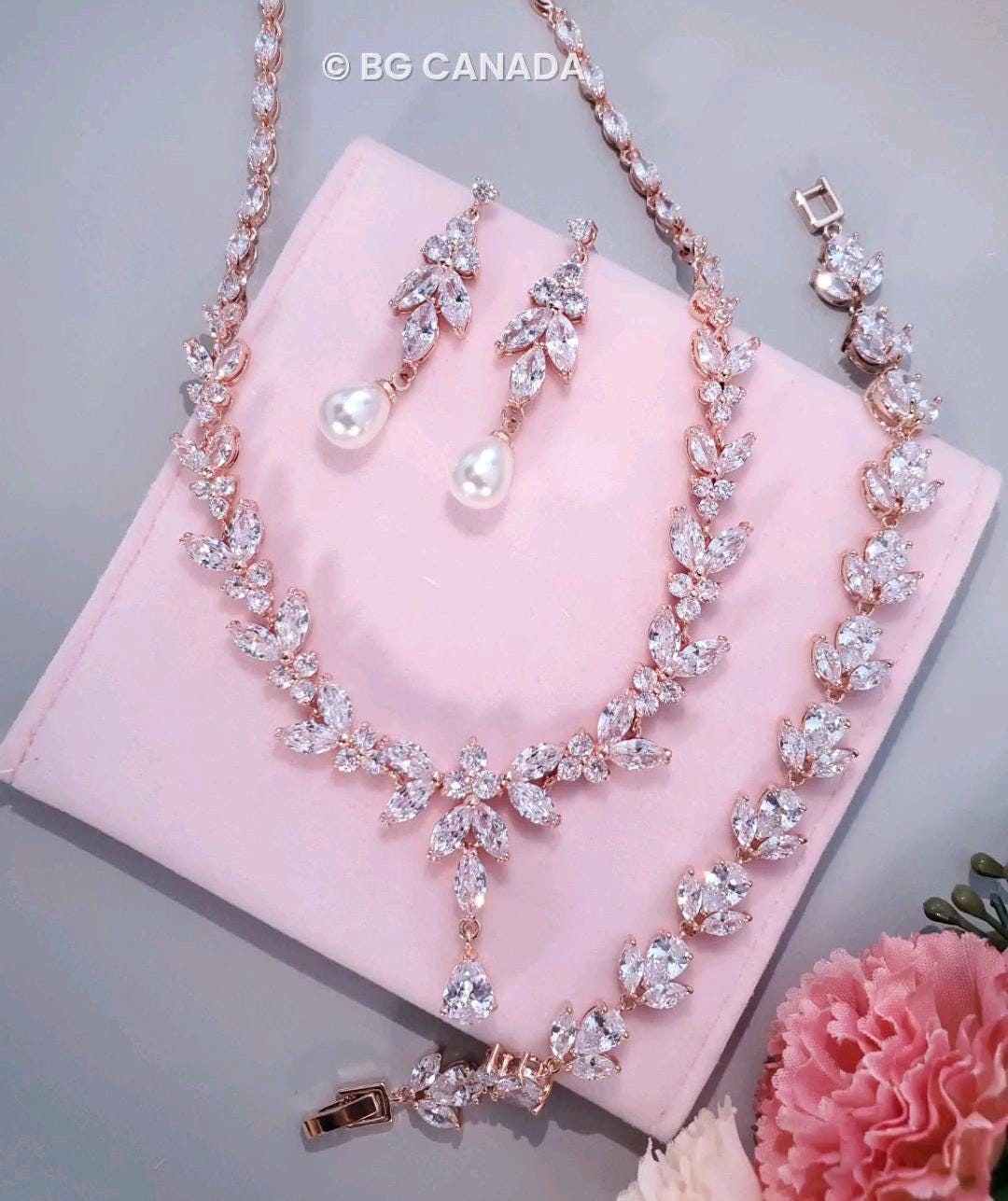 pearl drop earrings CZ wedding Necklace with bracelet bridal necklace with pearl drop earrings wedding jewelry set sparkly wedding jewelry