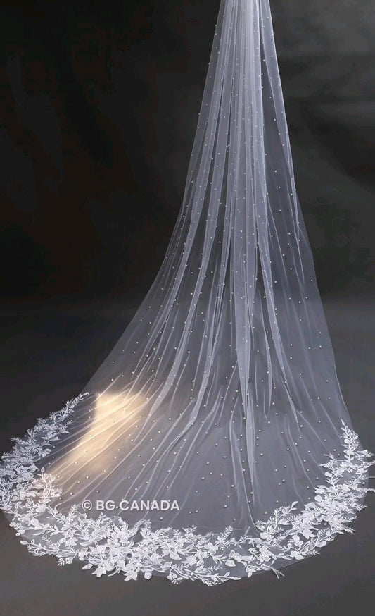 Cathedral Wedding Veil: Floral Lace, Pearls, 300cm