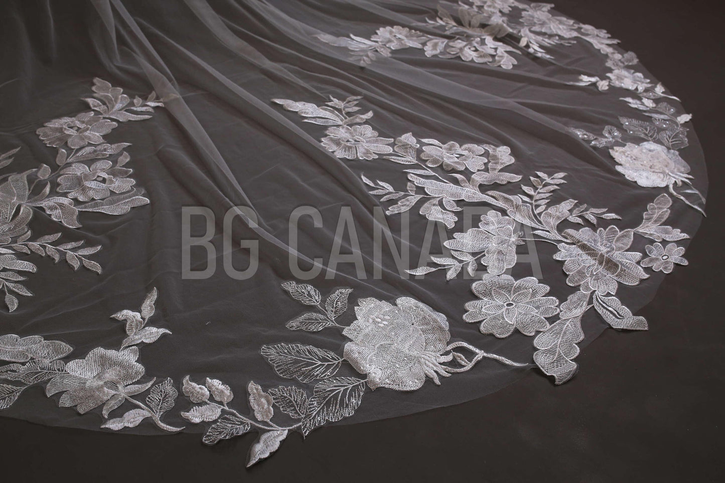Cathedral Wedding Veil: White Floral Lace Border, Bridal Tulle