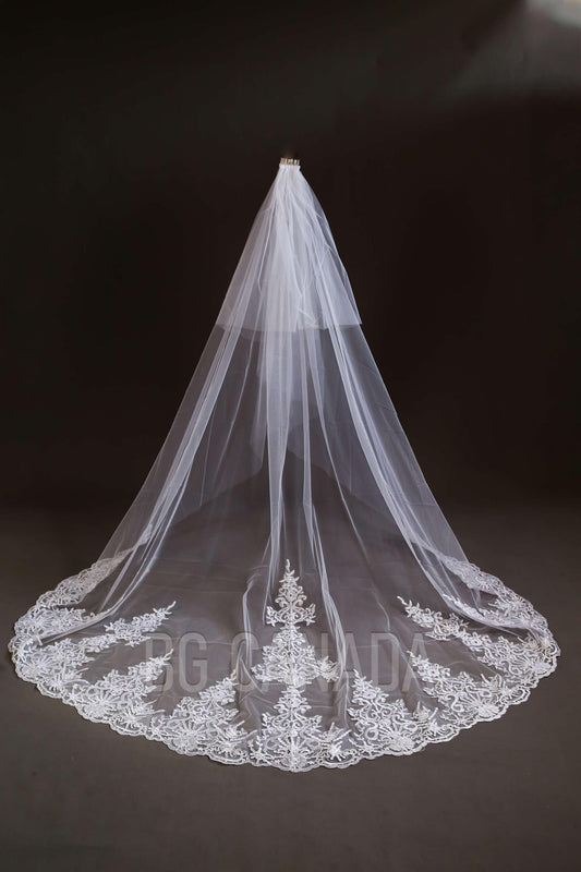 Lace Trim Cathedral Wedding Veil - Double Tier Bridal Veil