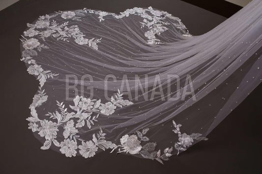 Ivory Lace Wedding Veil: Pearl Scalloped Cathedral Veil