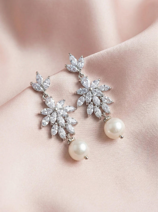 Silver CZ Floral Earrings • Freshwater Pearl Drop Bridal Earrings • Wedding Dangle Earrings for Bride Elegant Wedding Dangle Earrings