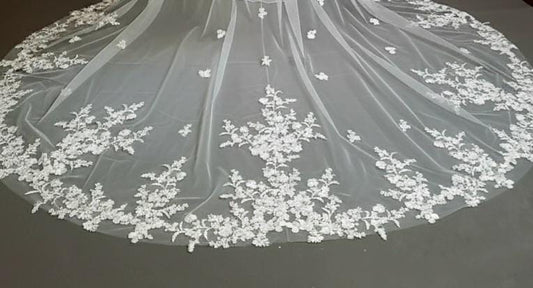 Cathedral Length Wedding Veil with Floral Lace Appliqué • Dramatic Long Bridal Veil • Sheer Tulle Train Veil • Elegant Embroidered Lace Edge