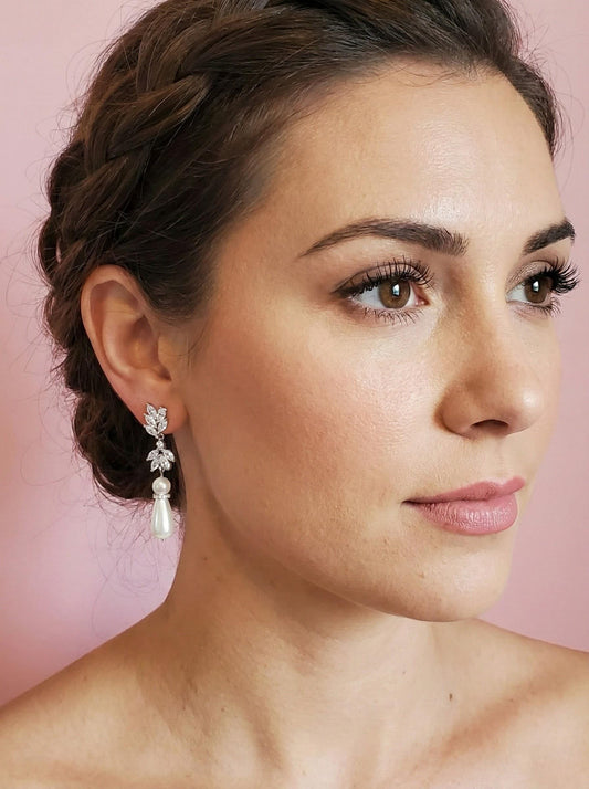 Wedding necklace wedding earrings silver bridal jewelry set cz necklace with pearl drop y necklace pearl drop earrings