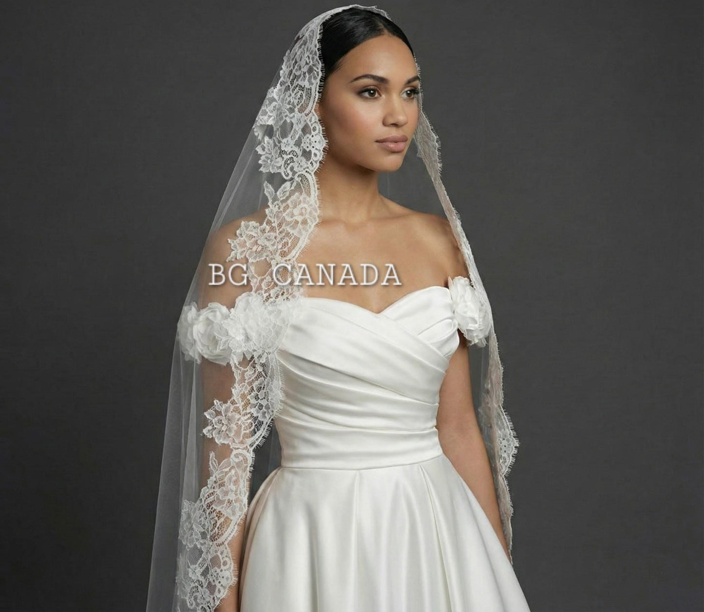 Extra Wide Chantilly Lace Mantilla Veil with Eyelash Trim – White Spanish Style Wedding Veil, Romantic Cathedral Bridal Veil