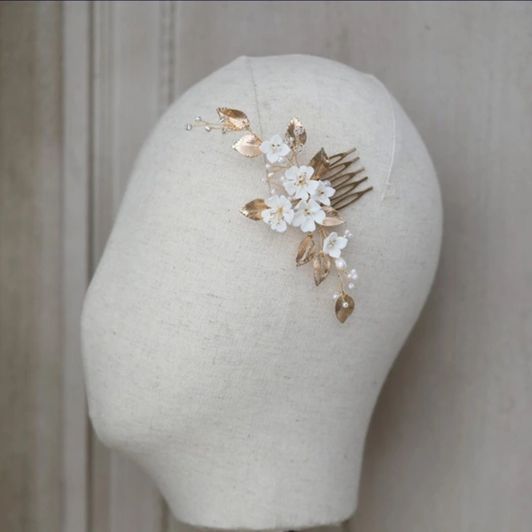Gold Leaves White Flower Hair Comb Bride, Wedding Hair Comb Bridal Hair Comb Wedding Hair Accessories