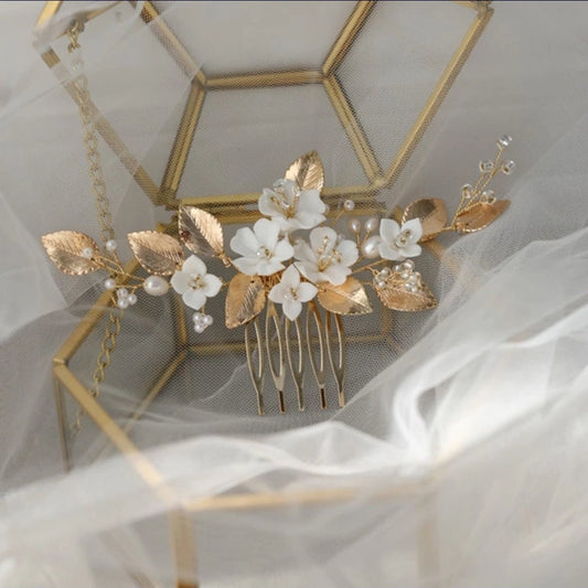 Gold Leaves White Flower Hair Comb Bride, Wedding Hair Comb Bridal Hair Comb Wedding Hair Accessories
