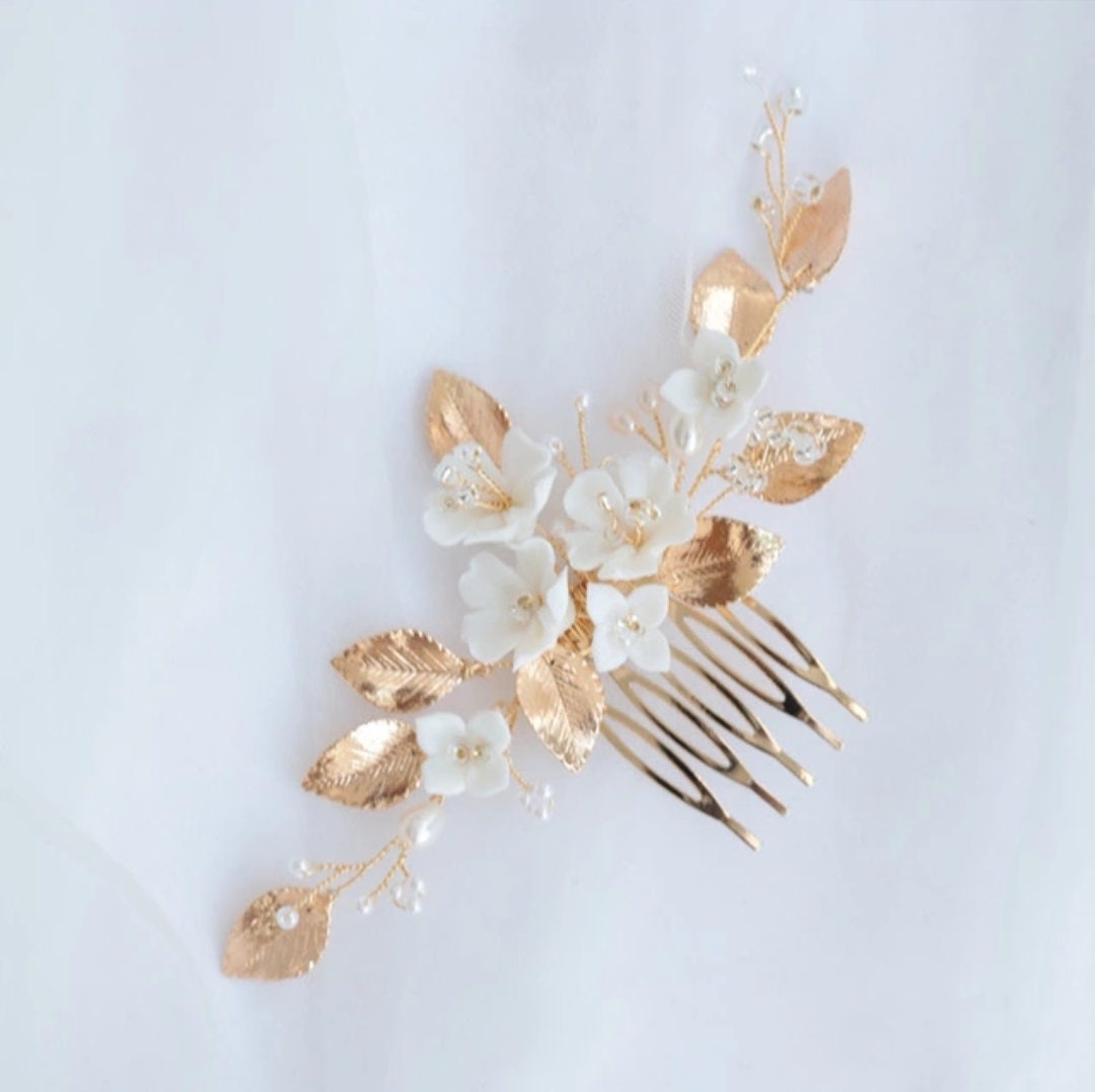 Gold Leaves White Flower Hair Comb Bride, Wedding Hair Comb Bridal Hair Comb Wedding Hair Accessories