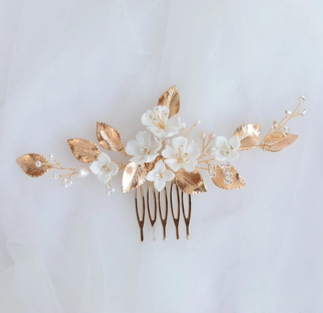 Gold Leaves White Flower Hair Comb Bride, Wedding Hair Comb Bridal Hair Comb Wedding Hair Accessories