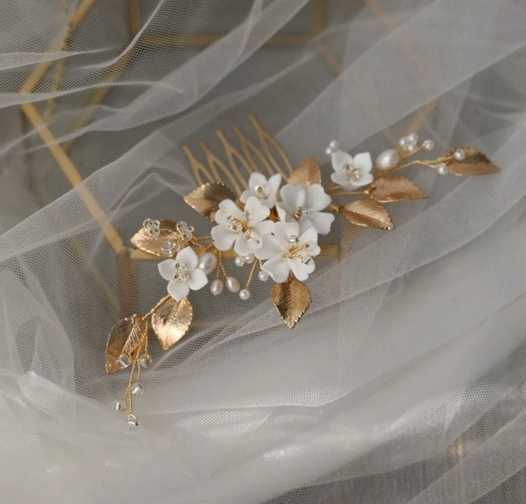 Gold Leaves White Flower Hair Comb Bride, Wedding Hair Comb Bridal Hair Comb Wedding Hair Accessories