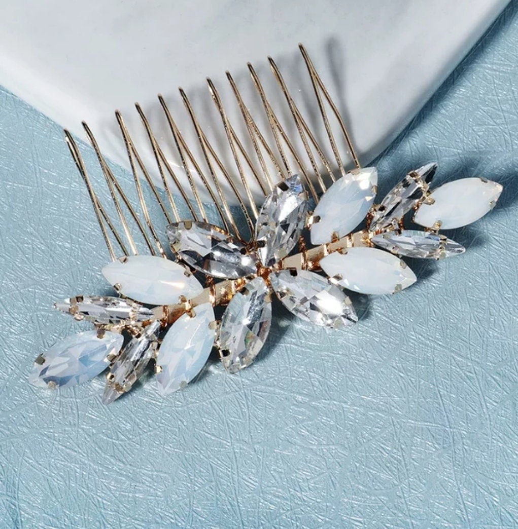 Minimalist Small Bridal Hair Comb - Opal Crystals Wedding Hair Comb
