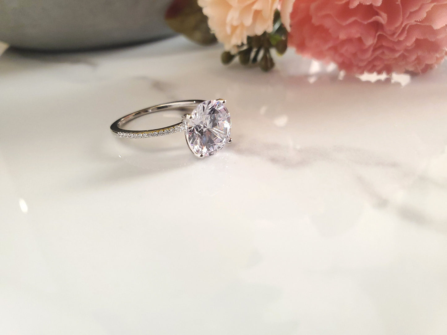 Single stone Round Sterling Silver solitaire Promise Ring Anniversary Ring Gift CZ Engagement ring Women Eternity Ring Silver 3 CT Ring