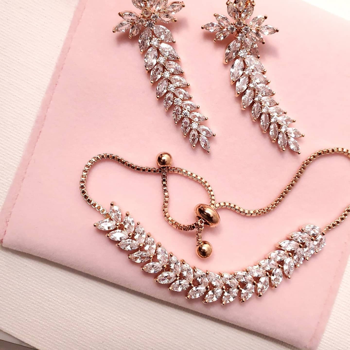 Rose gold bridal Earrings long drop Wedding Jewelry Bridal Earrings Bracelet Zirconia jewelry set bridal jewelry gift bridal jewelry set