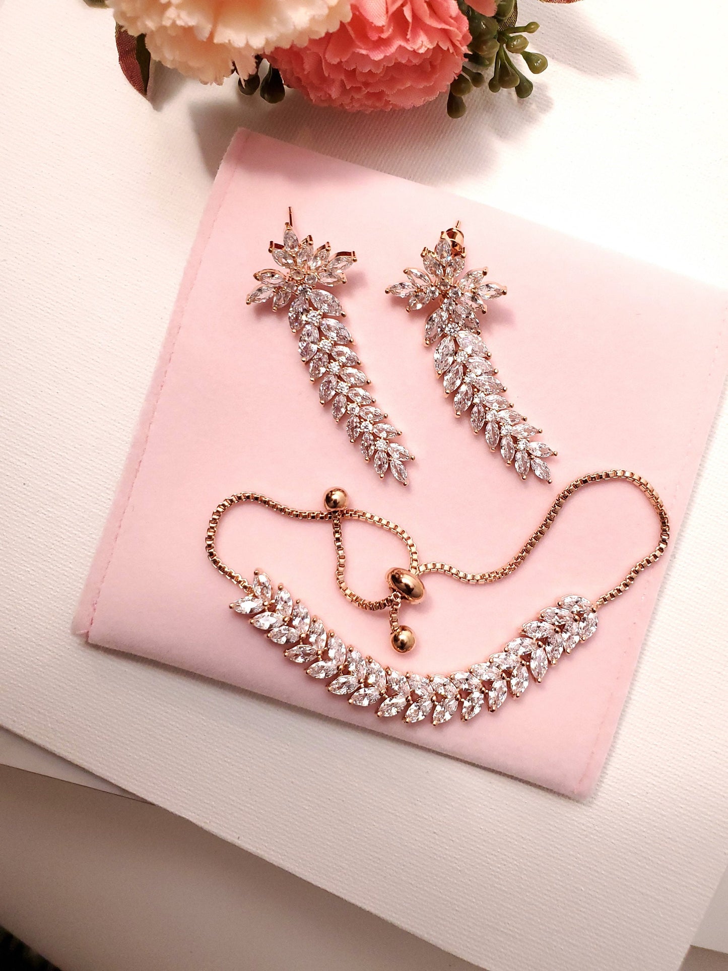 Rose gold bridal Earrings long drop Wedding Jewelry Bridal Earrings Bracelet Zirconia jewelry set bridal jewelry gift bridal jewelry set