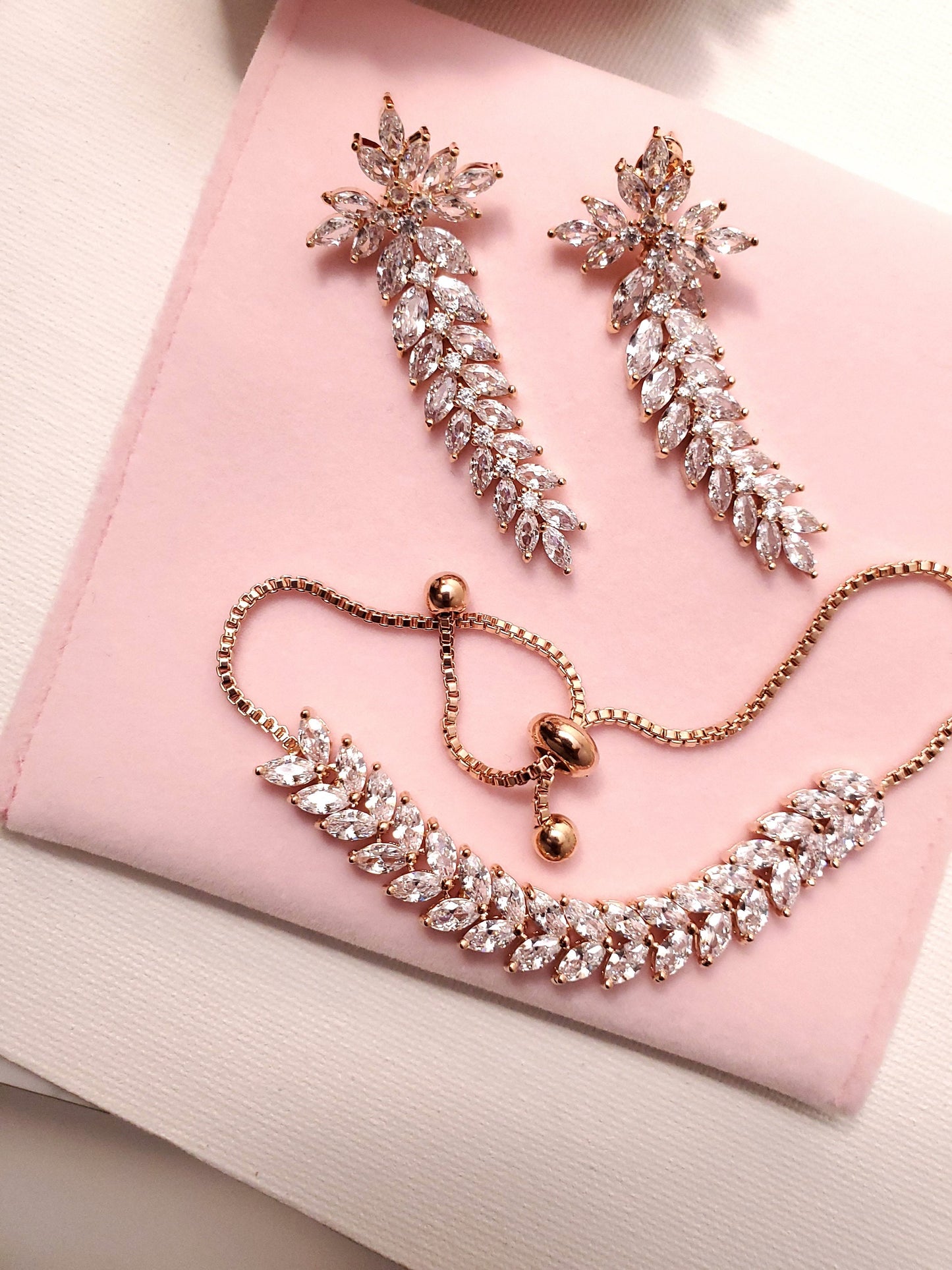 Rose gold bridal Earrings long drop Wedding Jewelry Bridal Earrings Bracelet Zirconia jewelry set bridal jewelry gift bridal jewelry set
