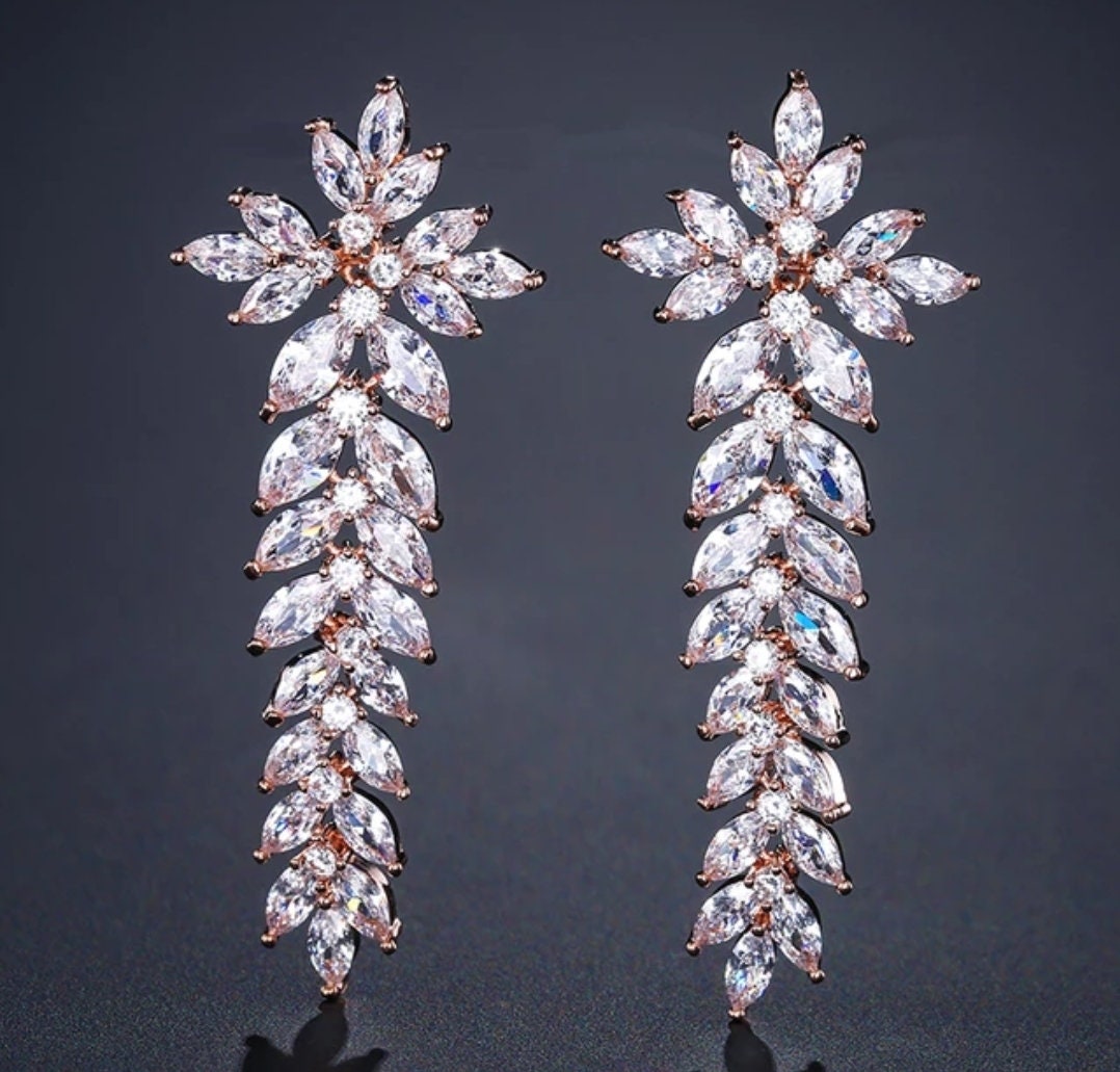 Rose gold bridal Earrings long drop Wedding Jewelry Bridal Earrings Bracelet Zirconia jewelry set bridal jewelry gift bridal jewelry set