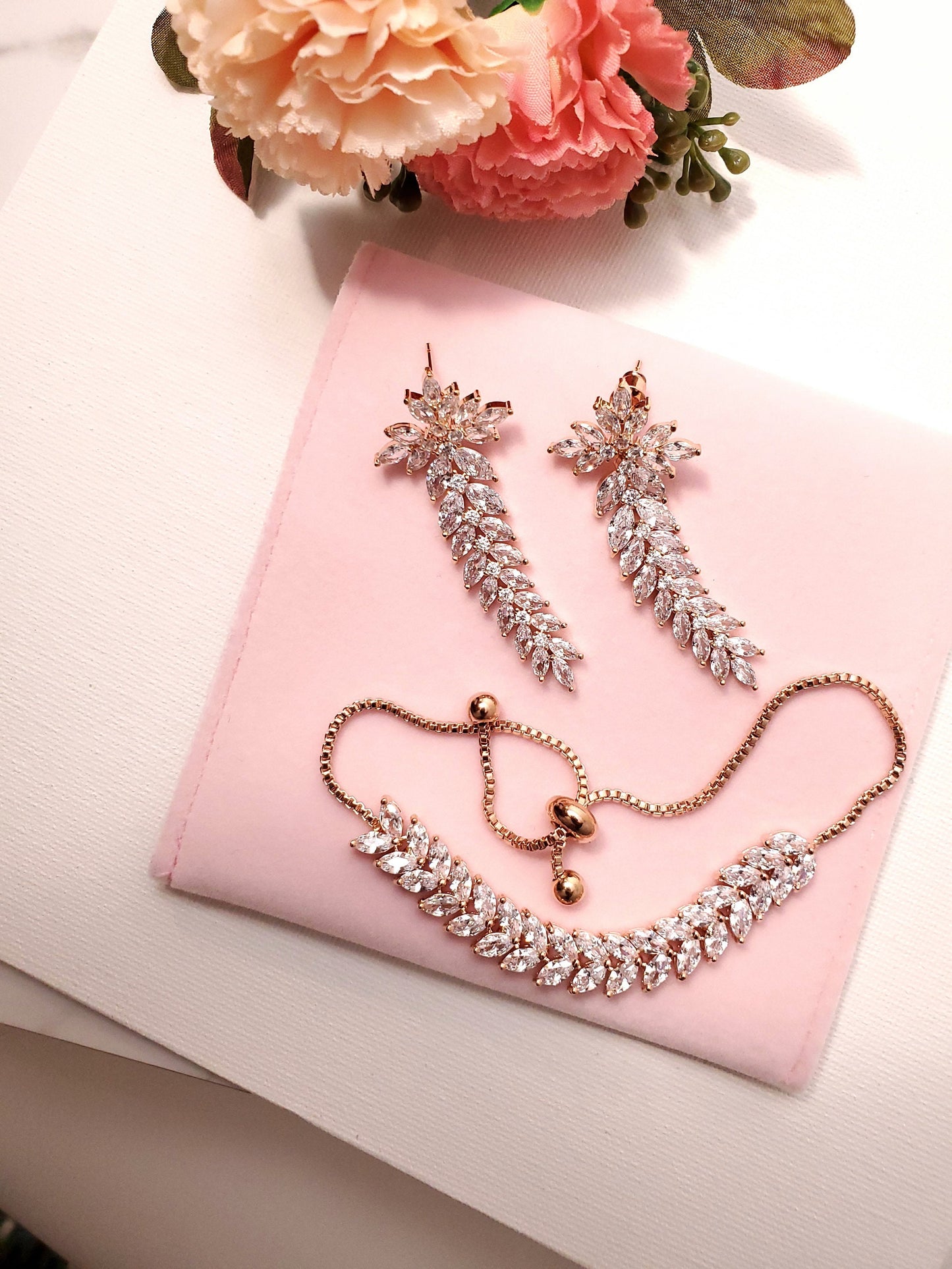 Rose gold bridal Earrings long drop Wedding Jewelry Bridal Earrings Bracelet Zirconia jewelry set bridal jewelry gift bridal jewelry set