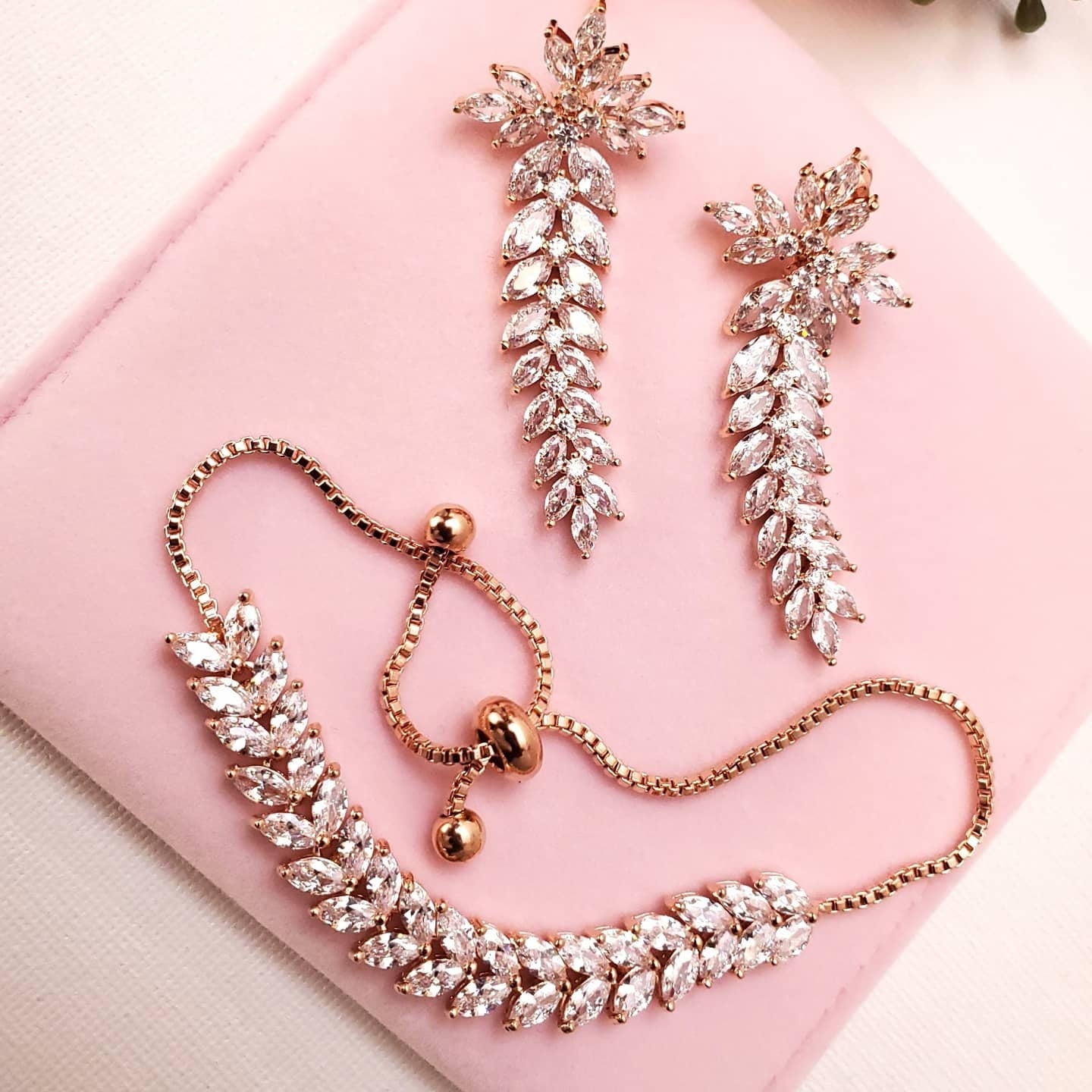 Rose gold bridal Earrings long drop Wedding Jewelry Bridal Earrings Bracelet Zirconia jewelry set bridal jewelry gift bridal jewelry set
