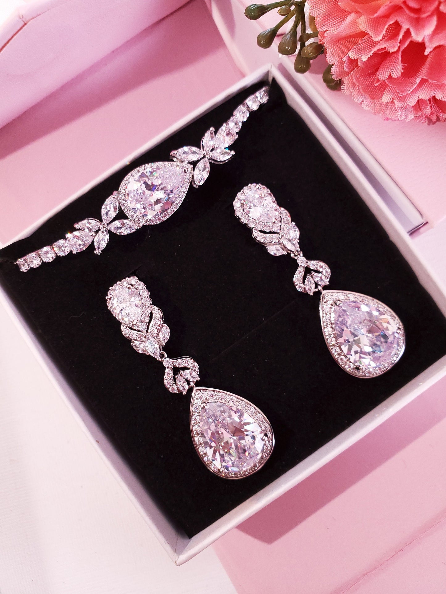 Teardrop bridal earrings Silver long dangle drop BRIDAL JEWELRY SET Zirconia Bridal Earrings bracelet