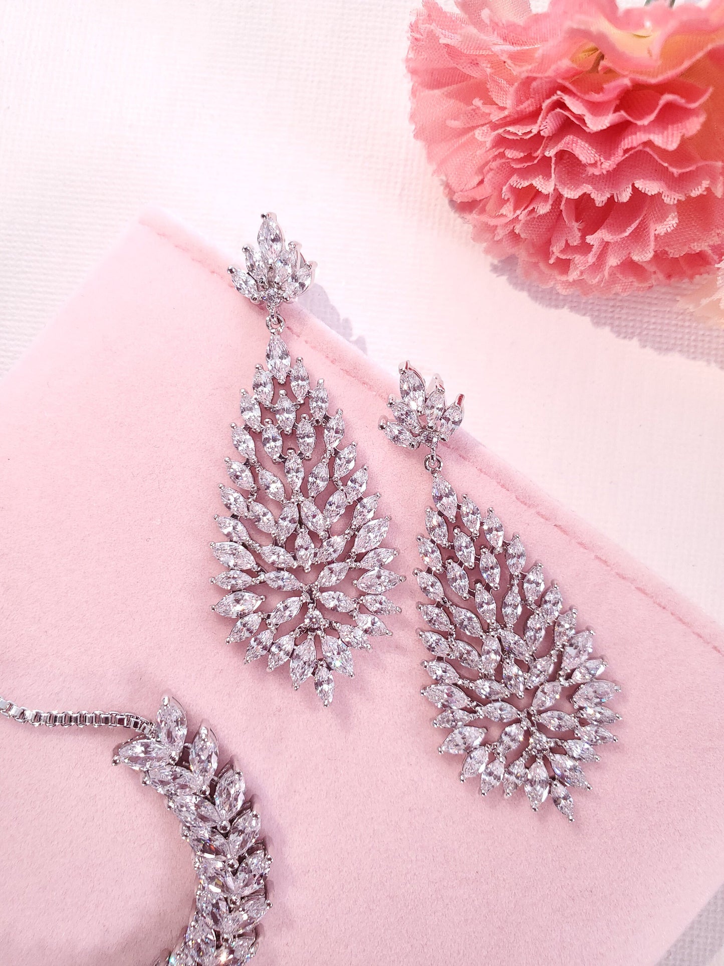 Silver bridal earring set, Silver Diamond Drop Wedding Earrings,Statement Bridal Earrings,Long Drop Bridal wedding Earrings for brides