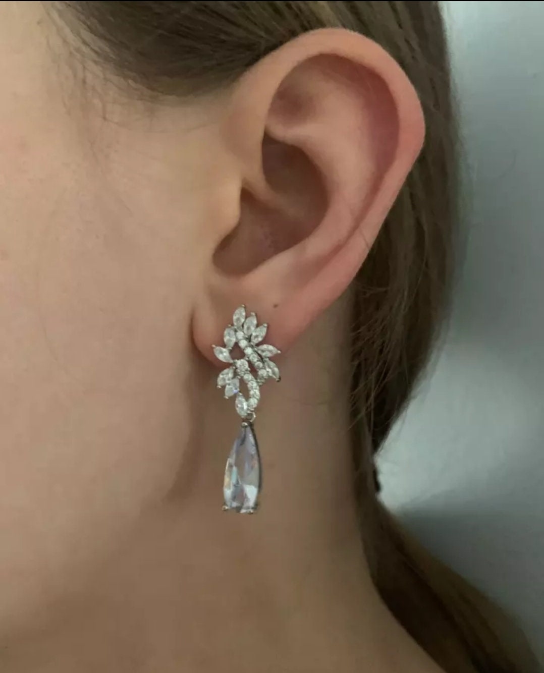 Silver bridal earring set wedding earring Diamond long dangle Drop art deco leaf statement evening party bridal accessory bracelet