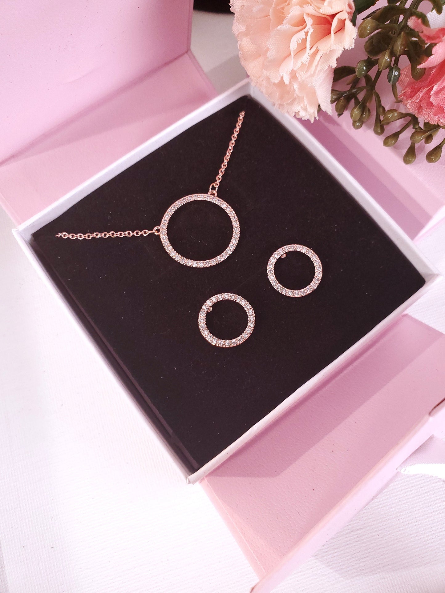 Rose Gold Circle Necklace Earrings Bridesmaids Eternity Necklace gift for her Karma Necklace Delicate Necklace Dainty Necklace